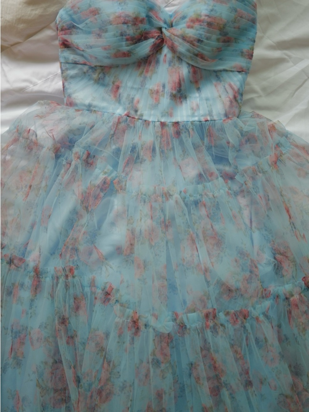 Strapless Floral Maxi Prom Dress in Light Blue with Pink Flowers